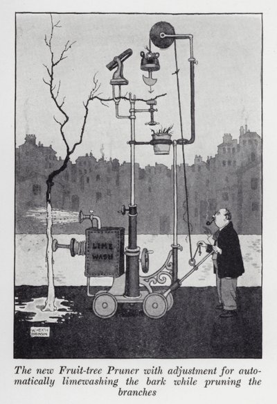 Il nuovo potatore di alberi da frutto con regolazione per imbiancare automaticamente la corteccia mentre si potano i rami da William Heath Robinson