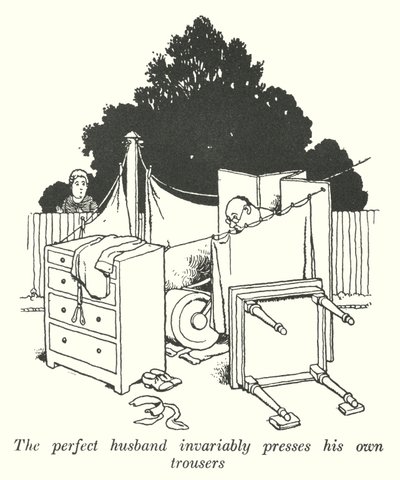 Il marito perfetto stira sempre i suoi pantaloni (litografia) da William Heath Robinson