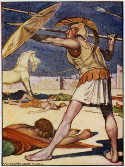 La punta della lancia volò sopra la spalla sinistra di Patroclo da William Heath Robinson