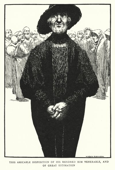 Questa sua disposizione amichevole lo rese venerabile e di grande stima (litografia) da William Heath Robinson