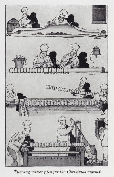 Preparazione delle torte di carne per il mercato di Natale da William Heath Robinson