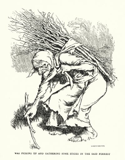 Stava raccogliendo e raccogliendo dei bastoni nella suddetta foresta da William Heath Robinson
