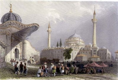 La moschea di Bajazet con la porta del Seraskier, Istanbul, inciso da H. Griffiths, c.1850 (acquatinta) da William Henry (after) Bartlett