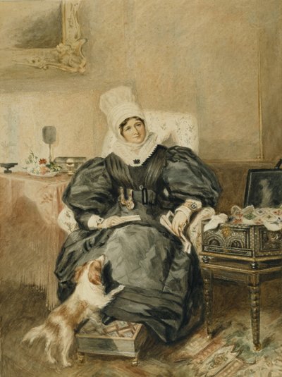Ritratto di una signora accanto a un tavolo con un cane da William Henry (after) Hunt
