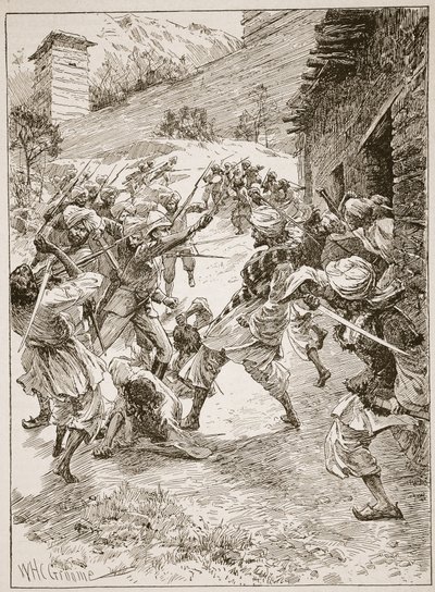 Il Tenente Harley, alla testa di quaranta Sikh e sessanta Kashmiris, assaltò la casa sopra la bocca della miniera, illustrazione da 