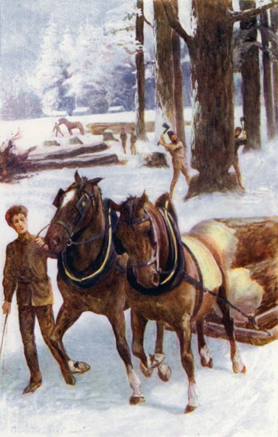 "Alcuni impegnati ad abbattere alberi, altri con cavalli che trascinano i tronchi, posti su slitte, sulla neve dura" da William Henry Charles Groome