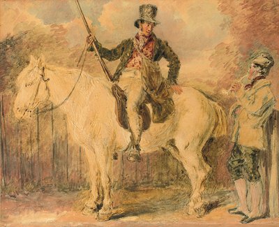 Un guardiacaccia a cavallo e un altro uomo che conversano da William Henry Hunt