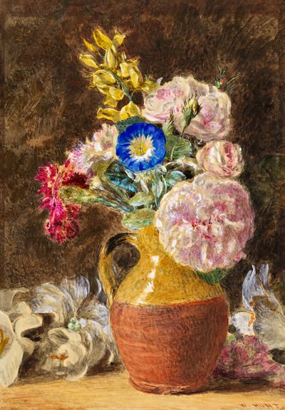 Fiori misti in una brocca marrone e fulva da William Henry Hunt