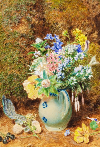 Brocca di porcellana azzurra con eriche e piccoli fiori, c.1860 da William Henry Hunt