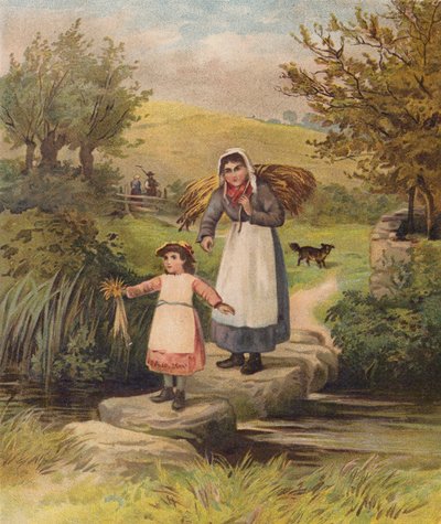 Donna e ragazza che attraversano un ruscello su pietre da William Henry James (after) Boot