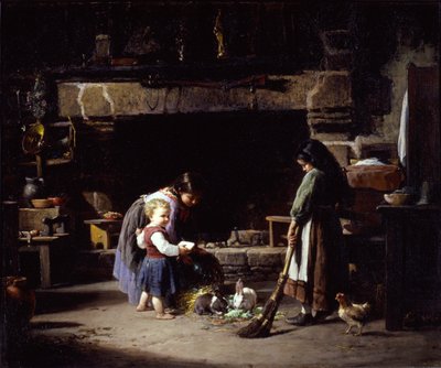 Interno di una fattoria: bambini bretoni che nutrono i conigli, 1878 da William Henry Lippincott