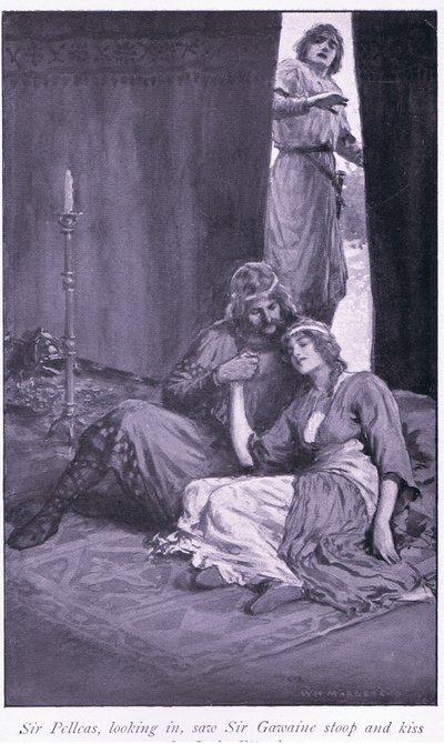 Sir Pelleas, guardando dentro, vide Sir Gawaine chinarsi e baciare la signora Ettard da William Henry Margetson