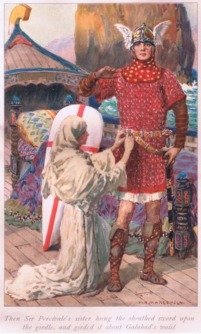 Allora la sorella di Sir Percivale appese la spada guainata alla cintura e la cinse alla vita di Galahad da William Henry Margetson