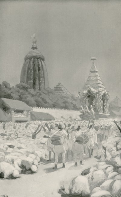 Adoratori prostrati davanti al famoso carro al festival di Jagannath da William Henry Margetson