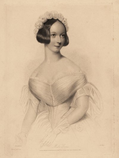 Miss Gore. In abito con scollo a barca e vita stretta, capelli decorati con una ghirlanda di rose. Incisione a puntasecca in acciaio di William Henry Mote da un