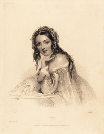 Ritratto di Amy. Bellezza con velo sui capelli lunghi, abito con scollo a barca bordato di ermellino, che tiene una collana di perle. Incisione a puntasecca in acciaio di William Henry Mote da un