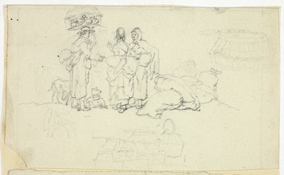 Figure con merci di mercato e tre schizzi da William Henry Pyne