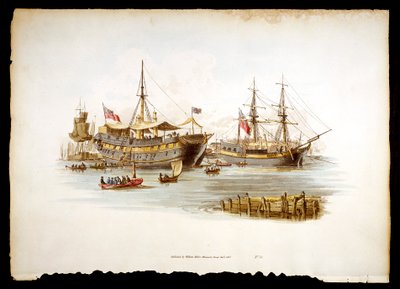 Navi prigione o tender sul Tamigi vicino alla Torre di Londra, 1805 da William Henry Pyne