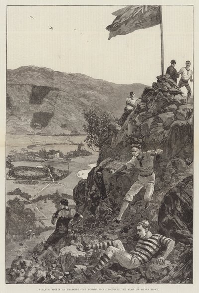 Sport atletici a Grasmere, la corsa delle guide, girando la bandiera su Silver Howe (incisione) da William Heysham (after) Overend