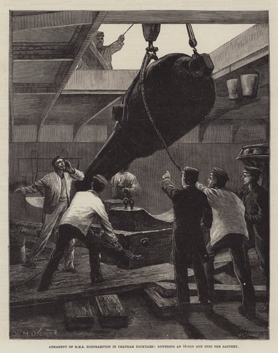 Armamento della HMS Northampton nel cantiere navale di Chatham, abbassando un cannone da 18 tonnellate nella batteria da William Heysham Overend