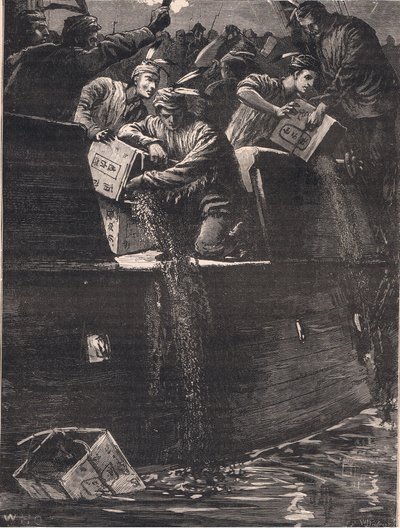 I ragazzi di Boston travestiti da indiani gettano le casse di tè nel porto AD 1773 da William Heysham Overend