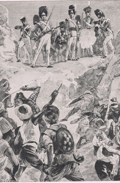 I seguaci di Carmichael sparano una raffica nella densa folla di uomini: Battaglia di Bharatpur 1826, illustrazione da British Battles on Land and Sea, 1915 da William Heysham Overend