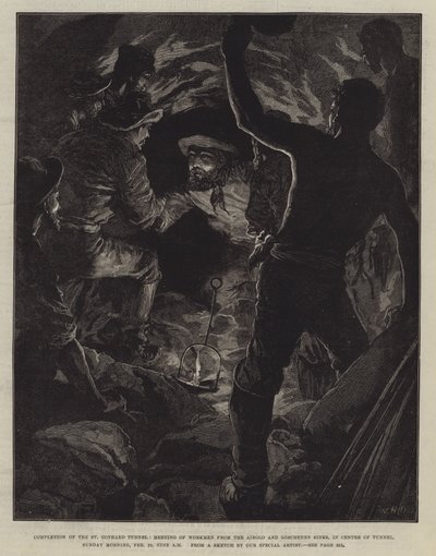 Completamento del Tunnel del San Gottardo, Incontro dei Lavoratori dai Lati di Airolo e Goschenen, al Centro del Tunnel, Domenica Mattina, 29 Febbraio, Nove del Mattino da William Heysham Overend