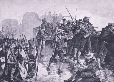 Difesa di un laager contro un attacco Zulu, illustrazione da British Battles on Land and Sea, 1915 da William Heysham Overend