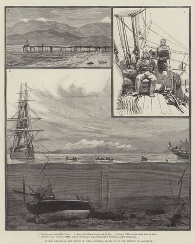 Subacquei che esplorano il relitto della HMS Doterel, esplosa nello Stretto di Magellano da William Heysham Overend