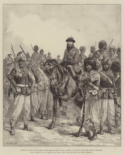 Generale Ghous-ud-din Khan, comandante delle truppe afghane a Penjdeh, con i suoi soldati afghani da William Heysham Overend