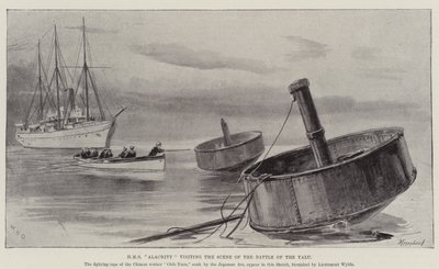 HMS Alacrity visita la scena della battaglia del Yalu da William Heysham Overend