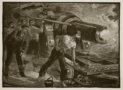 Guerra Navale: lavorare il cannone di una nave, inciso da W.J. Palmer da William Heysham Overend