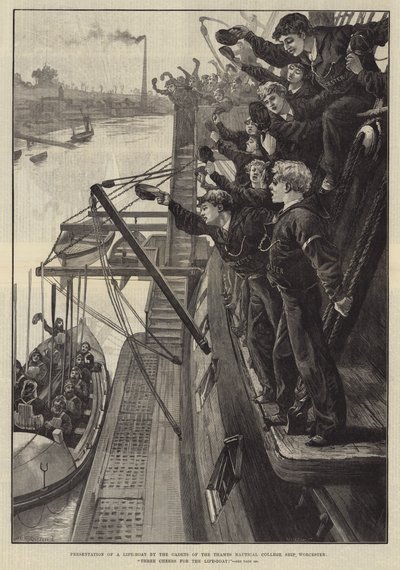 Presentazione di una scialuppa di salvataggio dai Cadetti del Thames Nautical College Ship, Worcester, Tre Evviva per la Scialuppa di Salvataggio! da William Heysham Overend