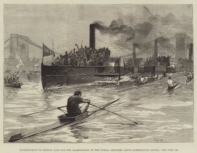 Gara di canottaggio di lunedì scorso per il campionato del mondo, schizzata sopra il ponte di Hammersmith da William Heysham Overend