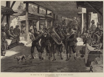 La guerra afgana, i 4th Goorkhas che marciano attraverso il bazar, Jellalabad da William Heysham Overend