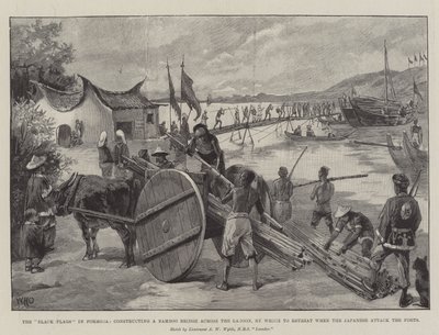 Le bandiere nere a Formosa, costruendo un ponte di bambù attraverso la laguna, per ritirarsi quando i giapponesi attaccano i forti da William Heysham Overend