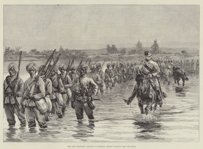 La campagna di frontiera Chin in Birmania, truppe che attraversano il fiume Yaw da William Heysham Overend