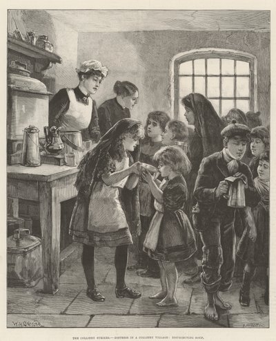 Gli scioperi nelle miniere, disagio in un villaggio minerario, distribuzione di zuppa da William Heysham Overend