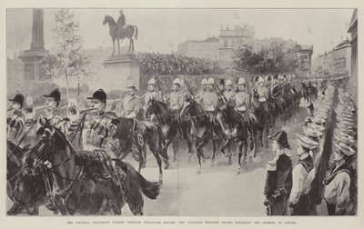La processione coloniale che passa per Trafalgar Square, le truppe montate canadesi precedono il Premier del Canada da William Heysham Overend