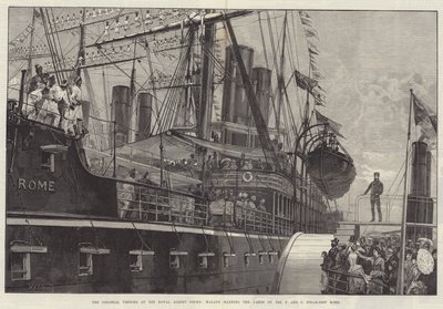 I visitatori coloniali ai Royal Albert Docks, malesi che manovrano le vele della nave a vapore P e O Rome da William Heysham Overend