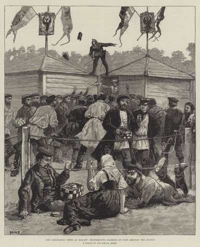 Le feste di incoronazione a Mosca, distribuzione di cesti di cibo tra la gente da William Heysham Overend