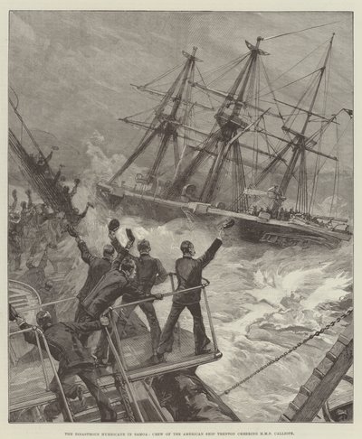 Il Disastroso Uragano a Samoa, Equipaggio della Nave Americana Trenton che acclama la HMS Calliope da William Heysham Overend