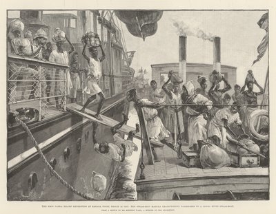 La spedizione di soccorso di Emin Pasha a Banana Point, 18 marzo 1887, la nave a vapore Madura trasferisce i passeggeri a una nave a vapore del fiume Congo da William Heysham Overend