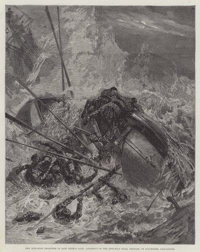 I disastri delle scialuppe di salvataggio nella tempesta della scorsa settimana, il ribaltamento della scialuppa di salvataggio Eliza Fernley, di Southport, Lancashire da William Heysham Overend