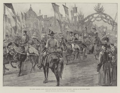 Il principe ereditario e la principessa di Romania appena sposati a Bucarest, arrivano al Palazzo Reale da William Heysham Overend