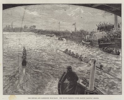 La gara di canottaggio Oxford e Cambridge, le barche che passano sotto il ponte ferroviario di Barnes da William Heysham Overend