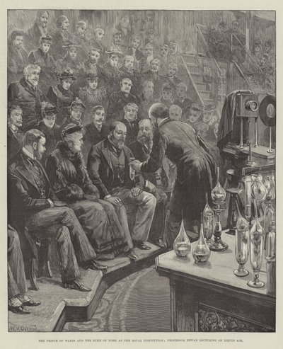 Il Principe di Galles e il Duca di York alla Royal Institution, il Professor Dewar tiene una lezione sull