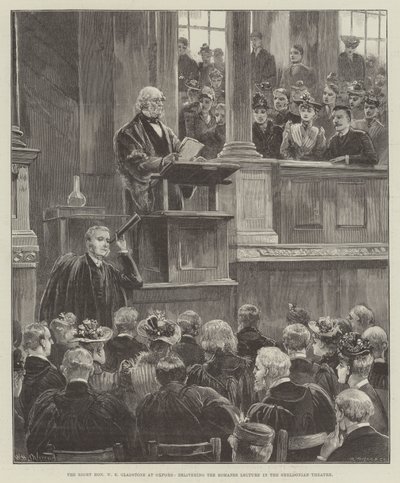 Il molto onorevole W E Gladstone a Oxford, tenendo la lezione Romanes nel teatro Sheldonian da William Heysham Overend