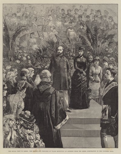 La visita reale a Leeds, il Principe e la Principessa del Galles ricevono un indirizzo dalla Corporazione di Leeds nella Victoria Hall da William Heysham Overend
