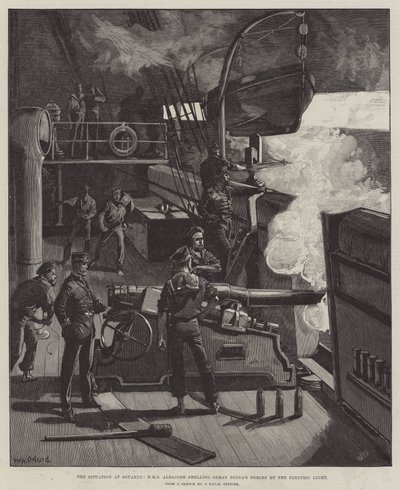La situazione a Souakim, HMS Albacore che bombarda le forze di Osman Digna con la luce elettrica da William Heysham Overend